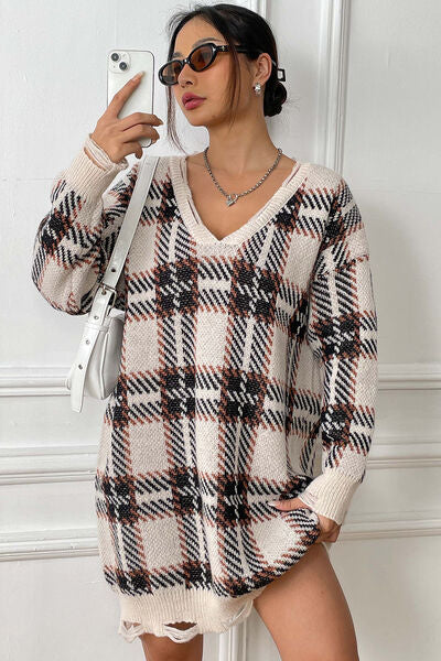 Drizzle | Long Knit Sweater with Checkered Pattern and Loose Fit