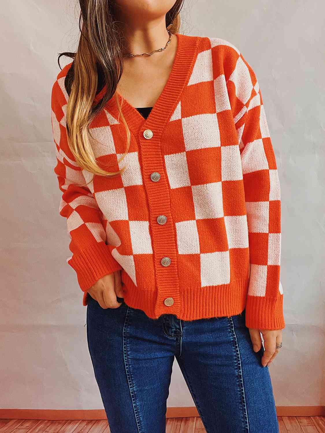 Ylondra | Women's Knit Cardigan with V-Neck and Check Pattern