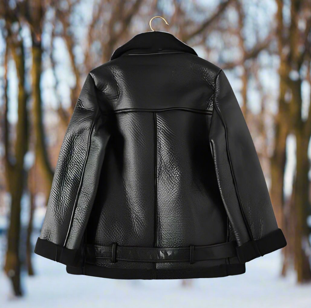 Jolie | Stylish leather biker jacket with polo collar and belt