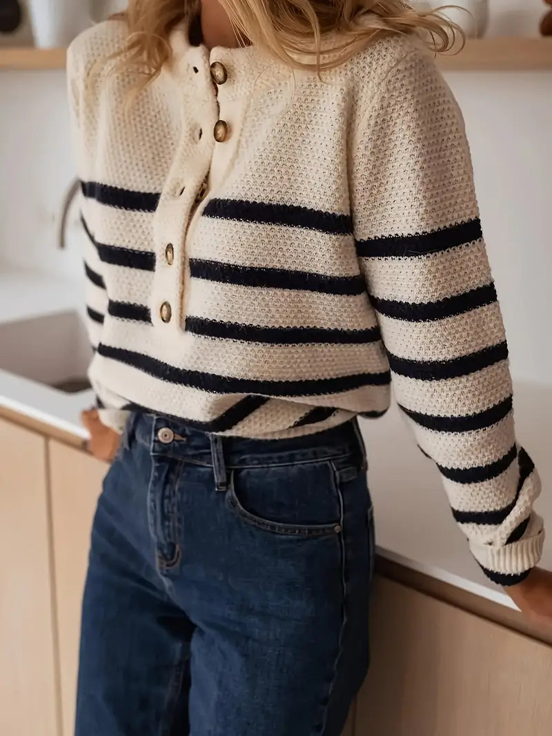 DualGuard | Striped sweater with round neckline and button placket for effortless style