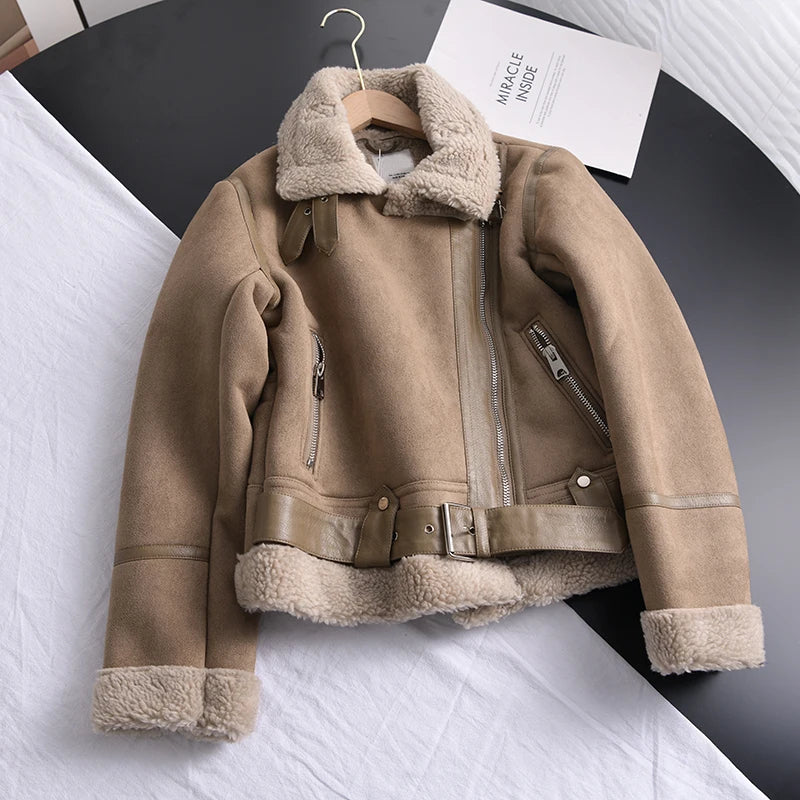 VeluraWrap | Women's Suede Coat with Fleece Lining and Waist Belt – Warm Winter Coat