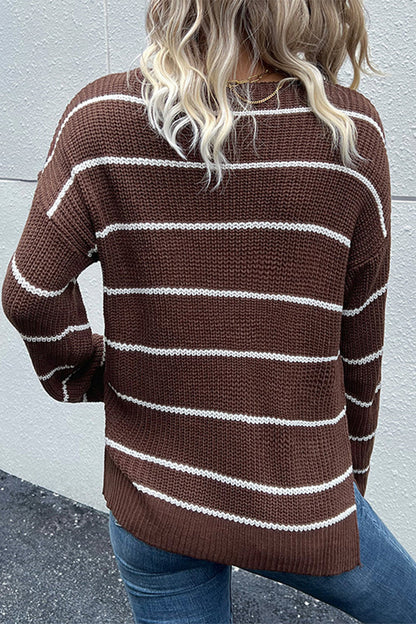 Nezari | Fashionable Striped V-Neck Sweater in Rich Brown