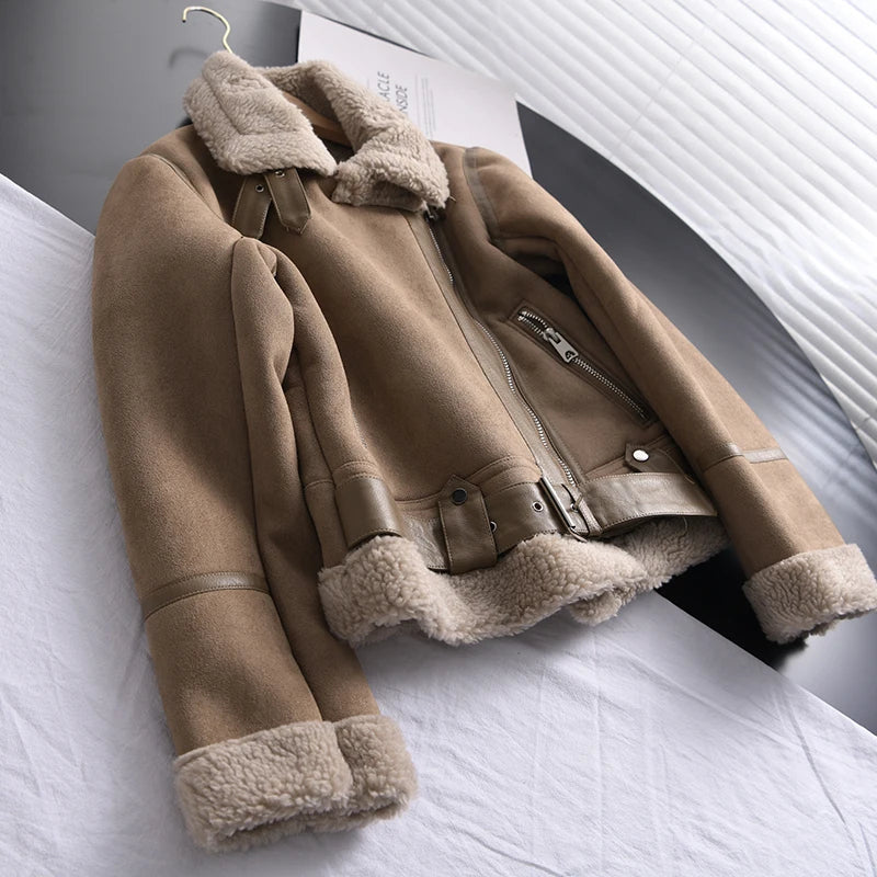 VeluraWrap | Women's Suede Coat with Fleece Lining and Waist Belt – Warm Winter Coat