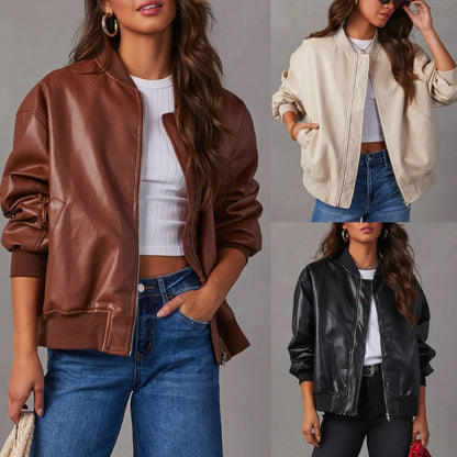 Aureza | Women's Zip-Up Leather Baseball Jacket