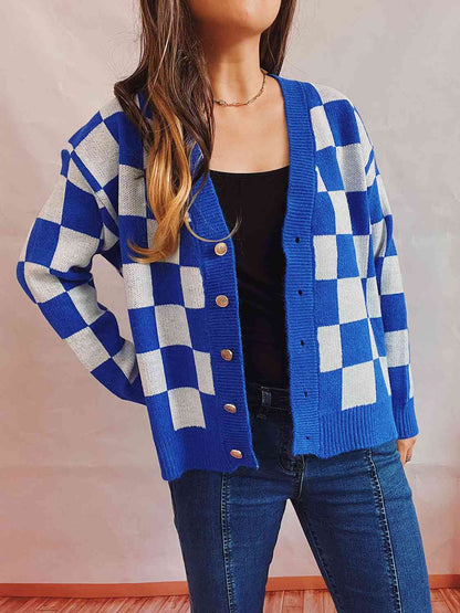 Ylondra | Women's Knit Cardigan with V-Neck and Check Pattern