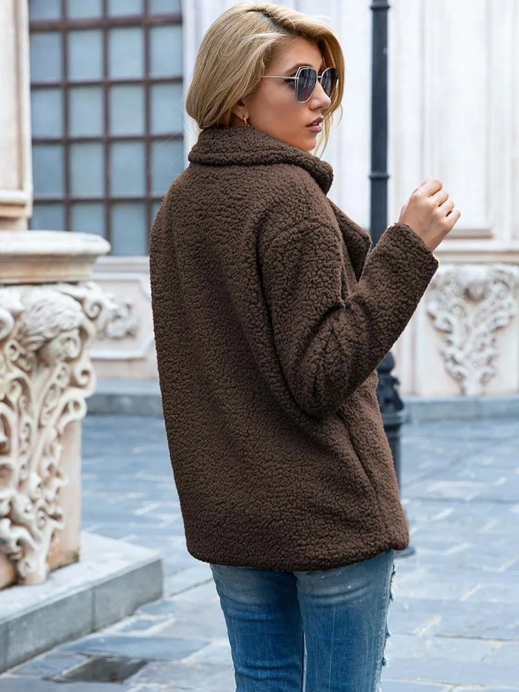 CozyGlam | Ladies Stylish Teddy Plush Luxury Fleece Coat with Pockets