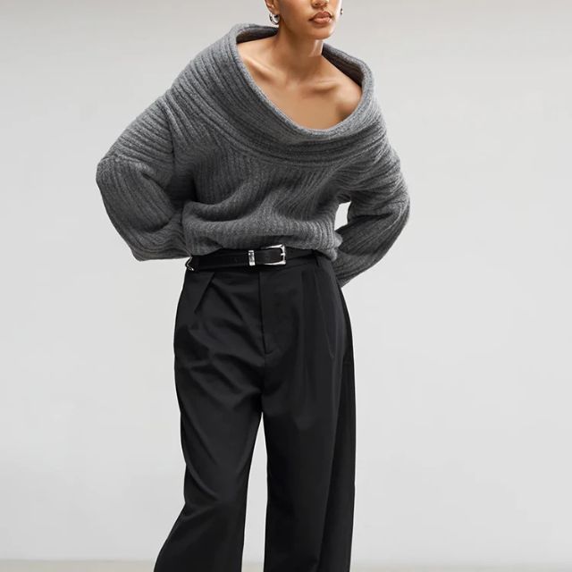 Sivora | Women’s Knitted Sweater with Asymmetrical Collar and Ribbed Pattern