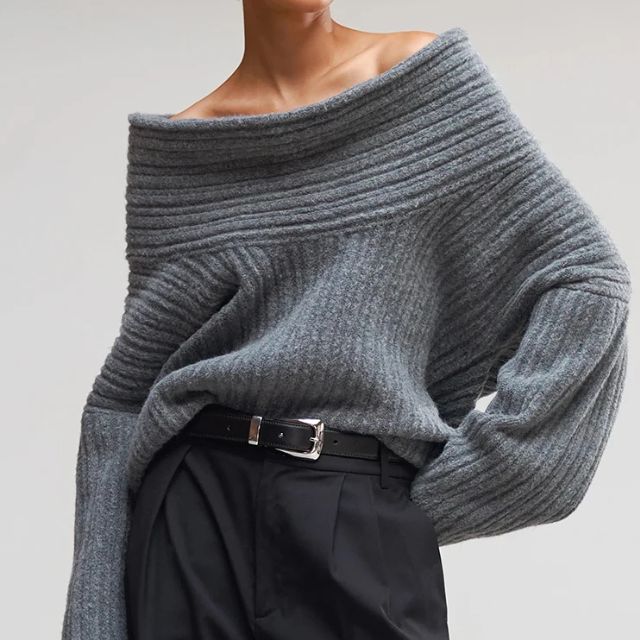 Sivora | Women’s Knitted Sweater with Asymmetrical Collar and Ribbed Pattern