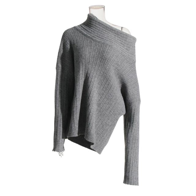 Sivora | Women’s Knitted Sweater with Asymmetrical Collar and Ribbed Pattern