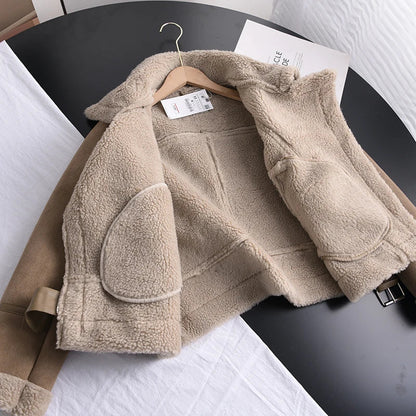 VeluraWrap | Women's Suede Coat with Fleece Lining and Waist Belt – Warm Winter Coat