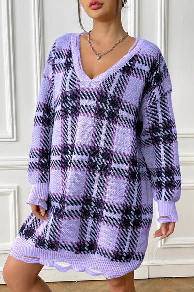 Drizzle | Long Knit Sweater with Checkered Pattern and Loose Fit