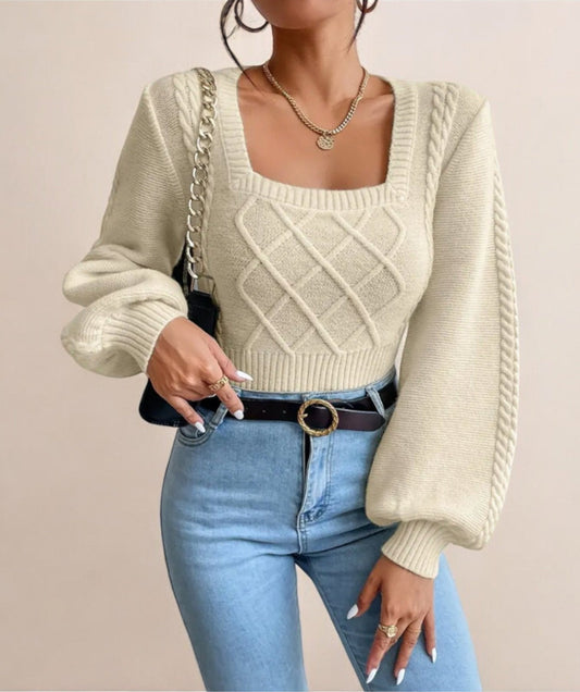 Square Chic | Apricot sweater with square collar