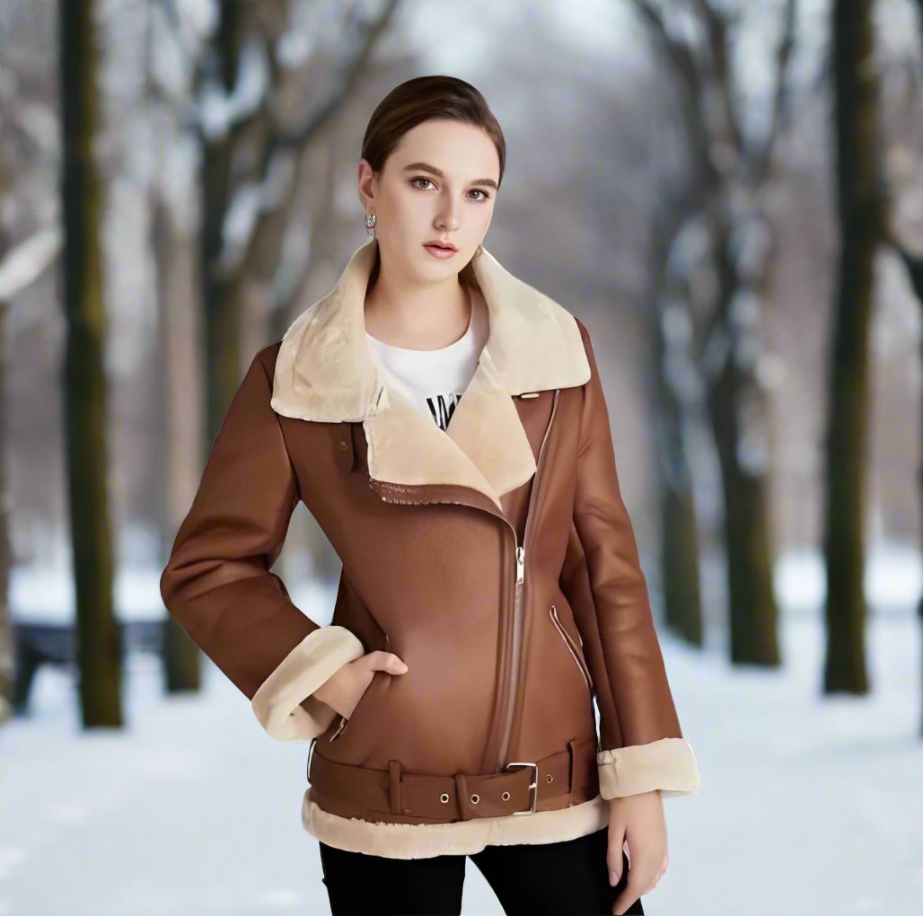 Jolie | Stylish leather biker jacket with polo collar and belt