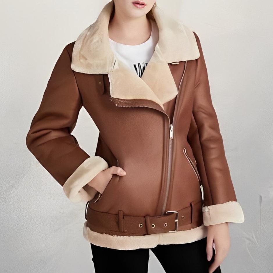 Jolie | Stylish leather biker jacket with polo collar and belt