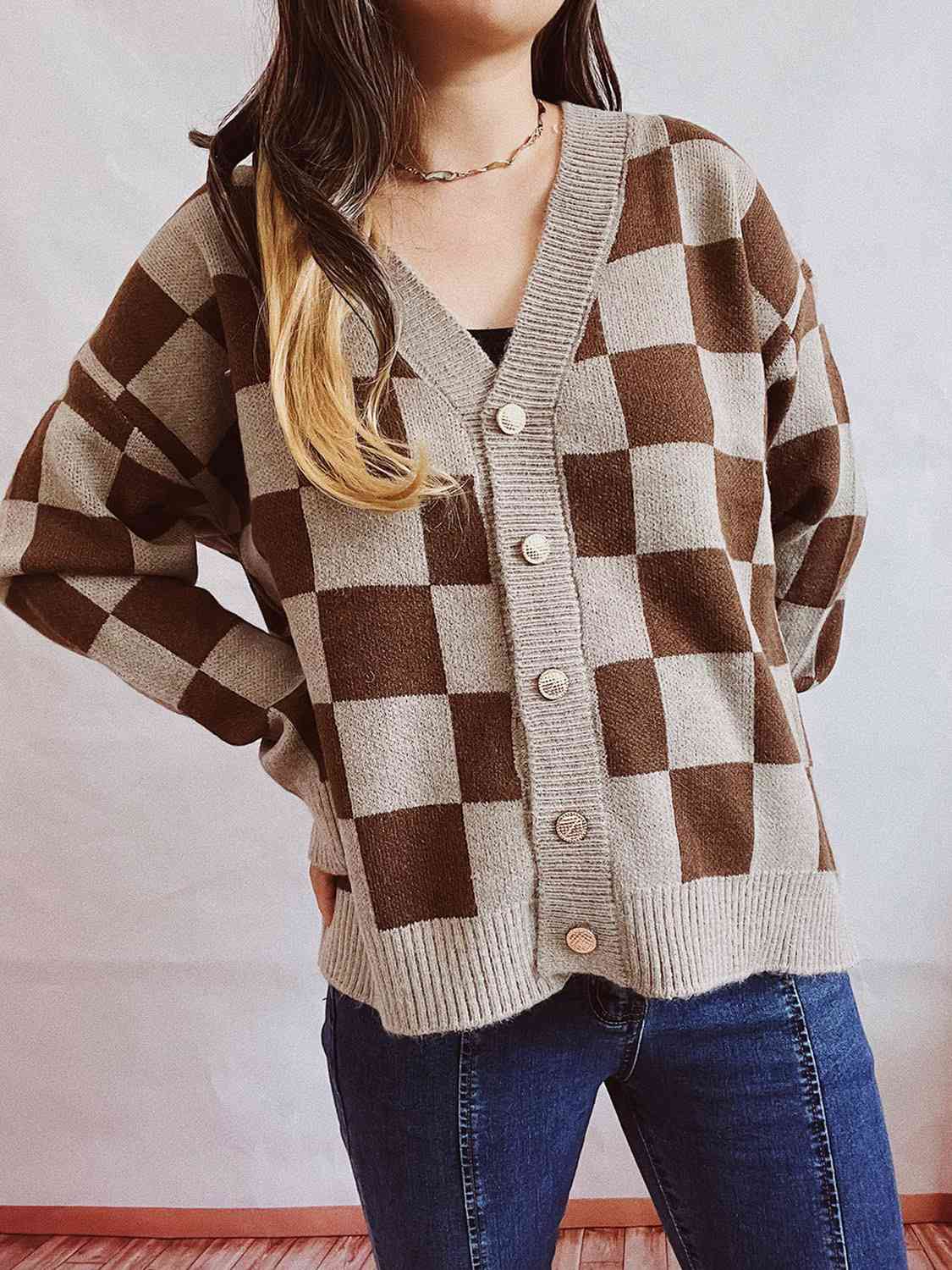 Ylondra | Women's Knit Cardigan with V-Neck and Check Pattern