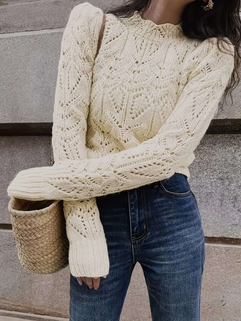 PolarBlend| Luxurious knitted sweater with lace detail, cozy elegance with long sleeves