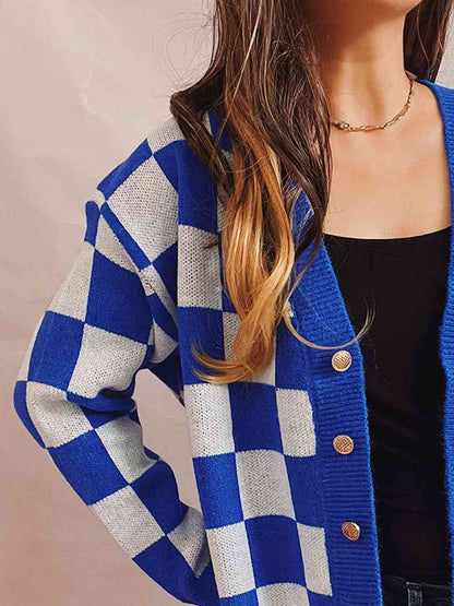 Ylondra | Women's Knit Cardigan with V-Neck and Check Pattern