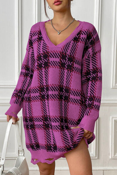 Drizzle | Long Knit Sweater with Checkered Pattern and Loose Fit