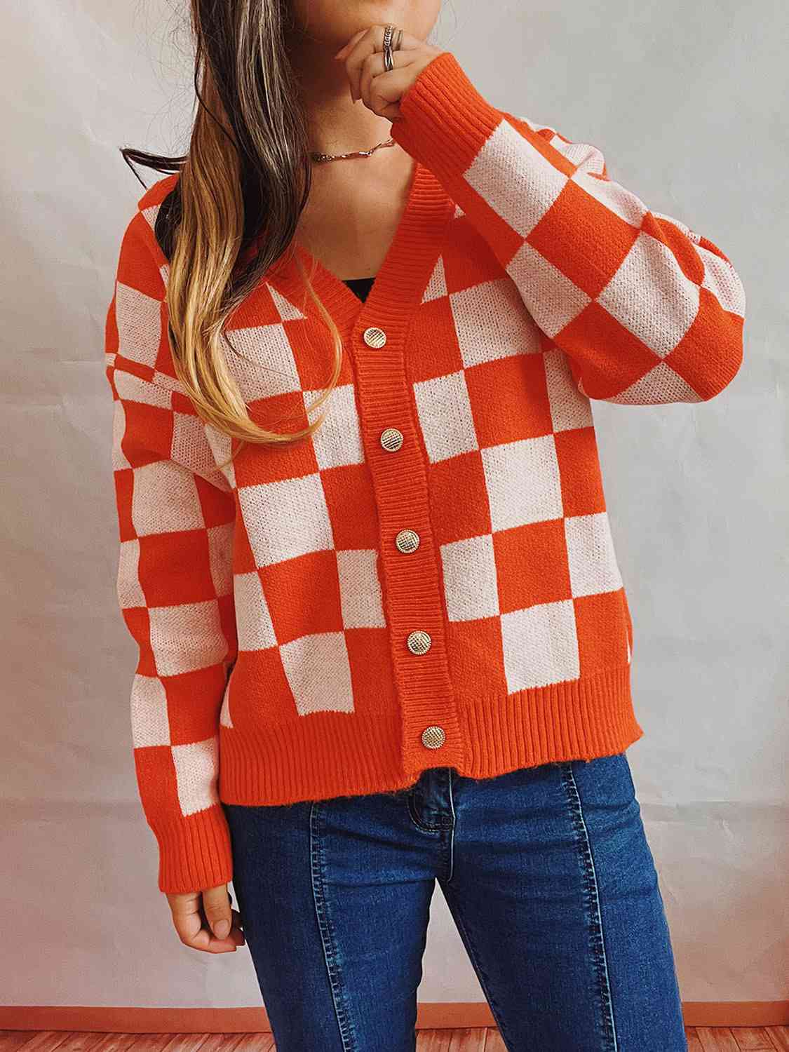 Ylondra | Women's Knit Cardigan with V-Neck and Check Pattern