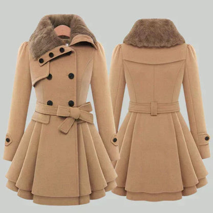 Isabella - Elegant women's coat with a belted waist and fur collar