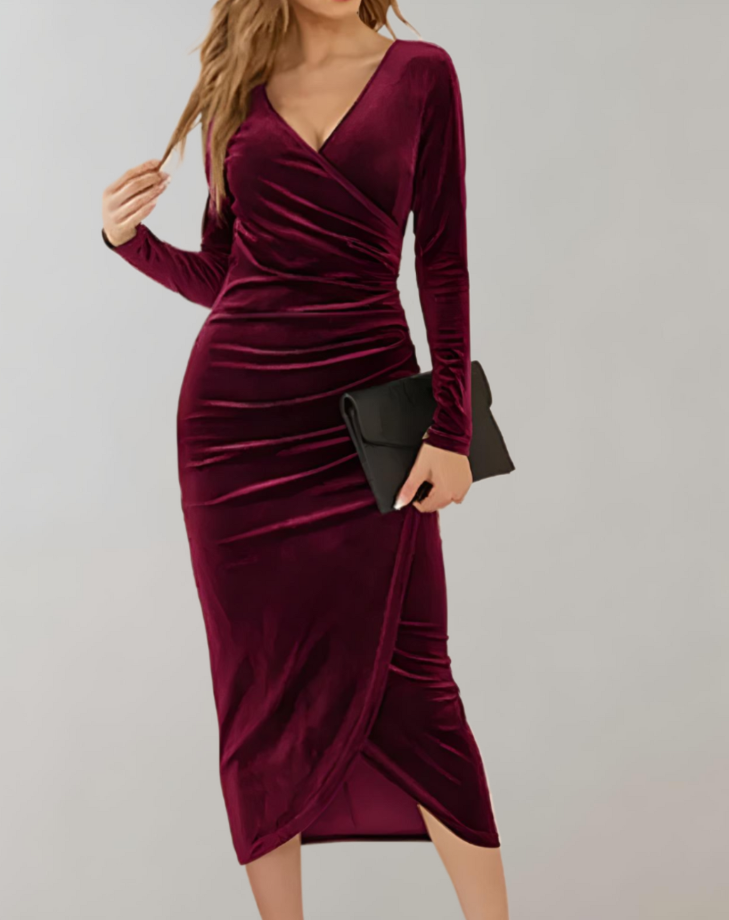 Zephyr | Figure-Hugging Velvet Wrap Dress with Ruffles for Cocktail Party and V-Neck