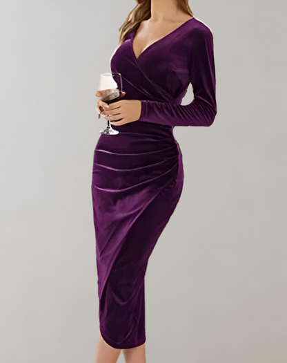 Zephyr | Figure-Hugging Velvet Wrap Dress with Ruffles for Cocktail Party and V-Neck