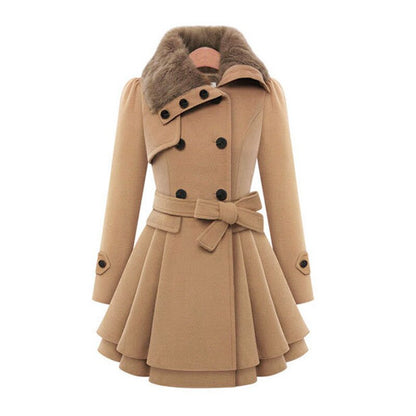 Isabella - Elegant women's coat with a belted waist and fur collar