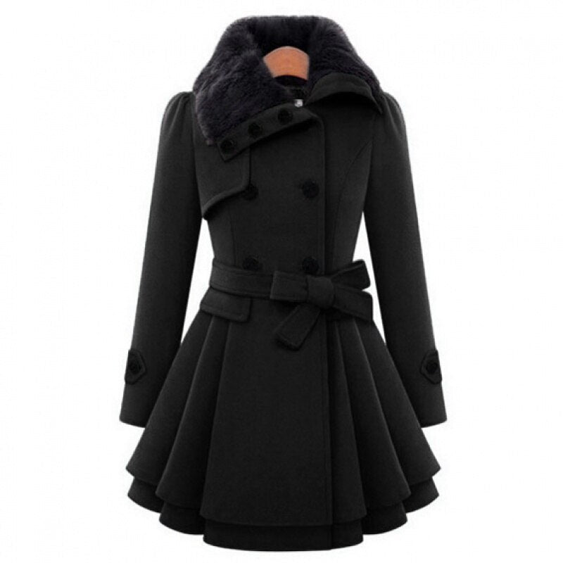 Isabella - Elegant women's coat with a belted waist and fur collar