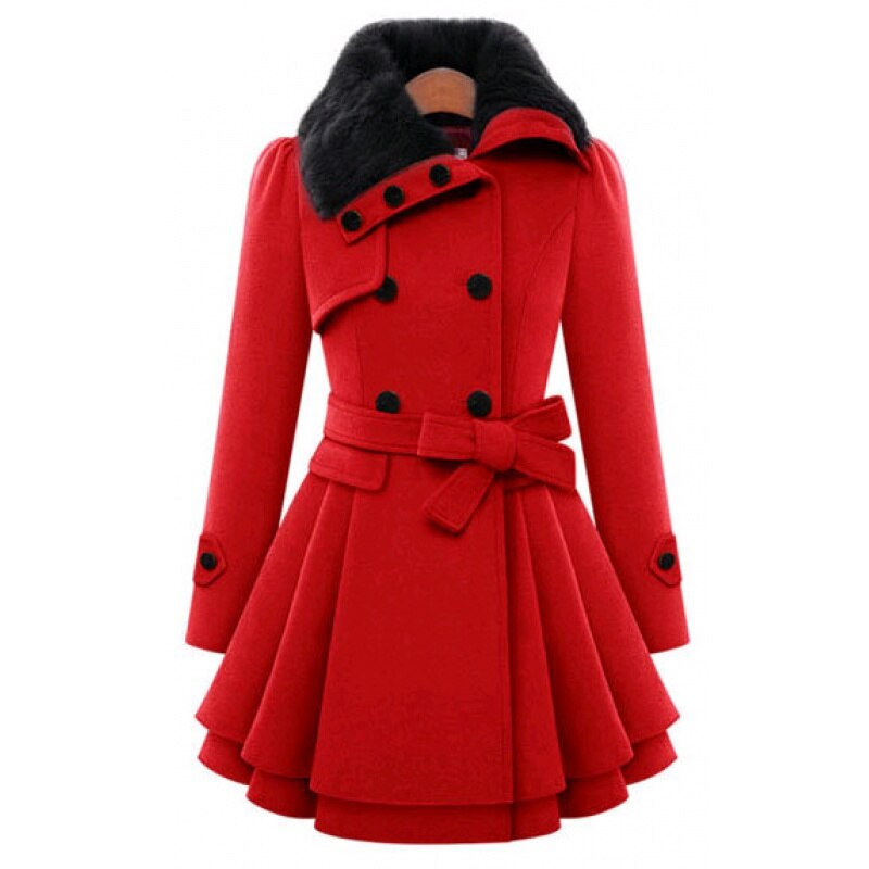 Isabella - Elegant women's coat with a belted waist and fur collar