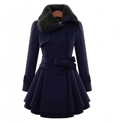 Isabella - Elegant women's coat with a belted waist and fur collar