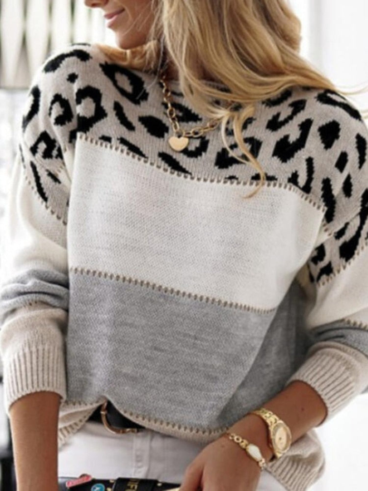 Leronika | Knitted Colorblock Pullover with Leopard Print