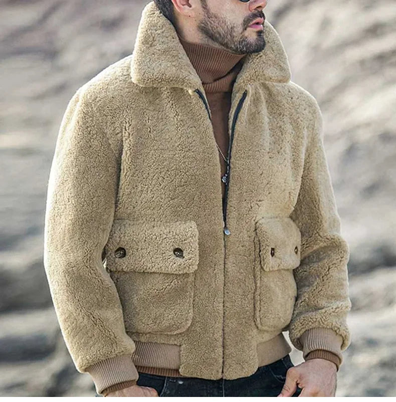 Knit & Style | Men's jacket in beige faux lambskin with zipper and large pockets