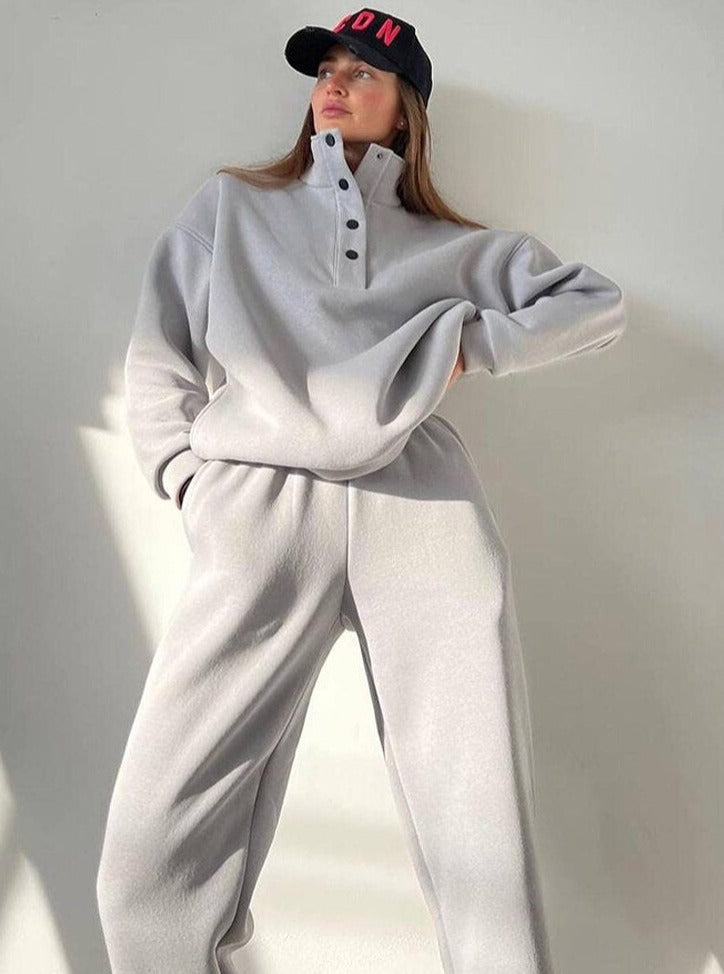 HorizonActive | Women's Oversized Fleece Sweatshirt Set with Half Button Placket and Jogging Pants