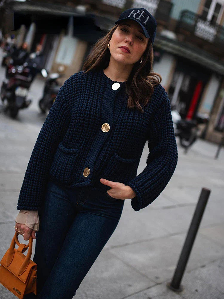 Stride | Women's Navy Blue Cardigan with V-Neck, Large Buttons, and Pockets – Thick, Cozy Fall Jacket