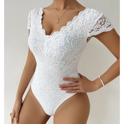 Vivid | Fitted Short-Sleeve Bodysuit with V-Neck and Lace for Women