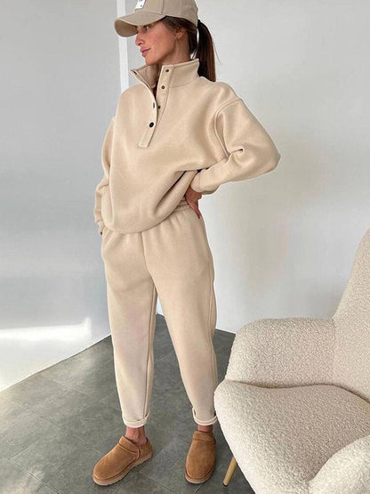 HorizonActive | Women's Oversized Fleece Sweatshirt Set with Half Button Placket and Jogging Pants