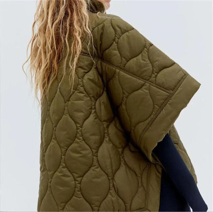 Aethera | Women's Army Green Quilted Parka Jacket with Zipper and Stand Collar – Short-Sleeve Winter Coat