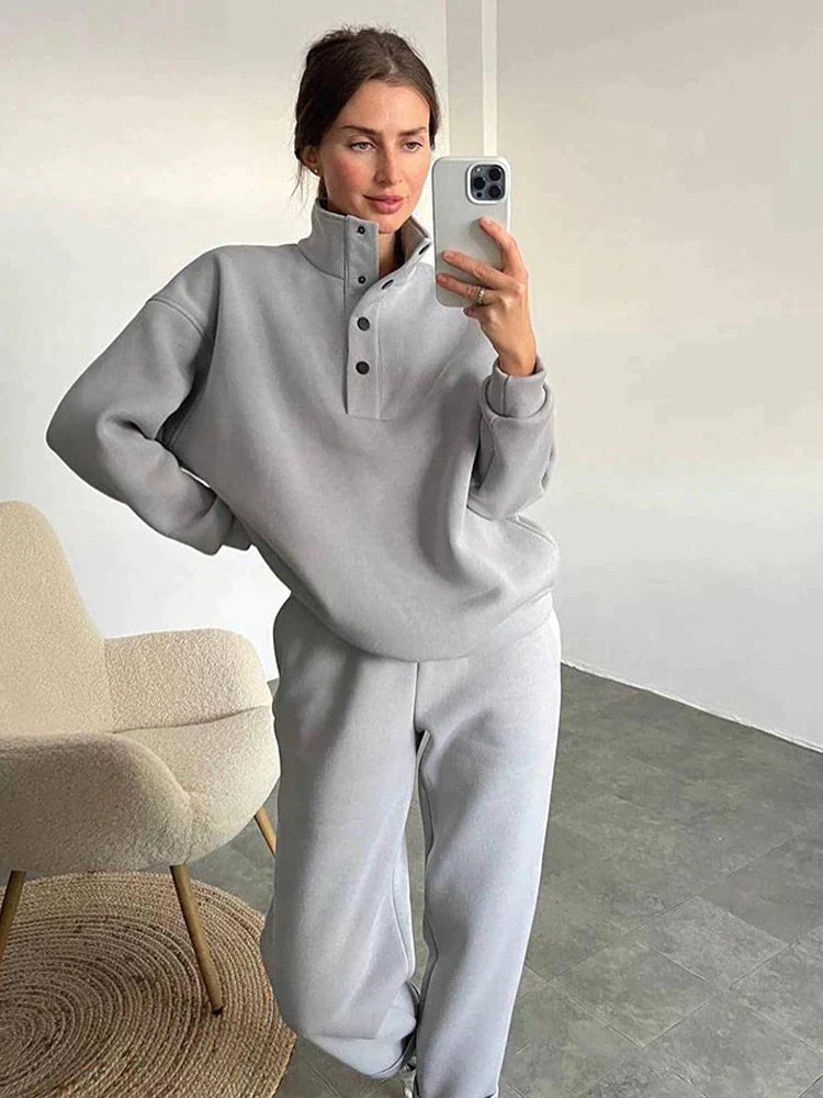 HorizonActive | Women's Oversized Fleece Sweatshirt Set with Half Button Placket and Jogging Pants