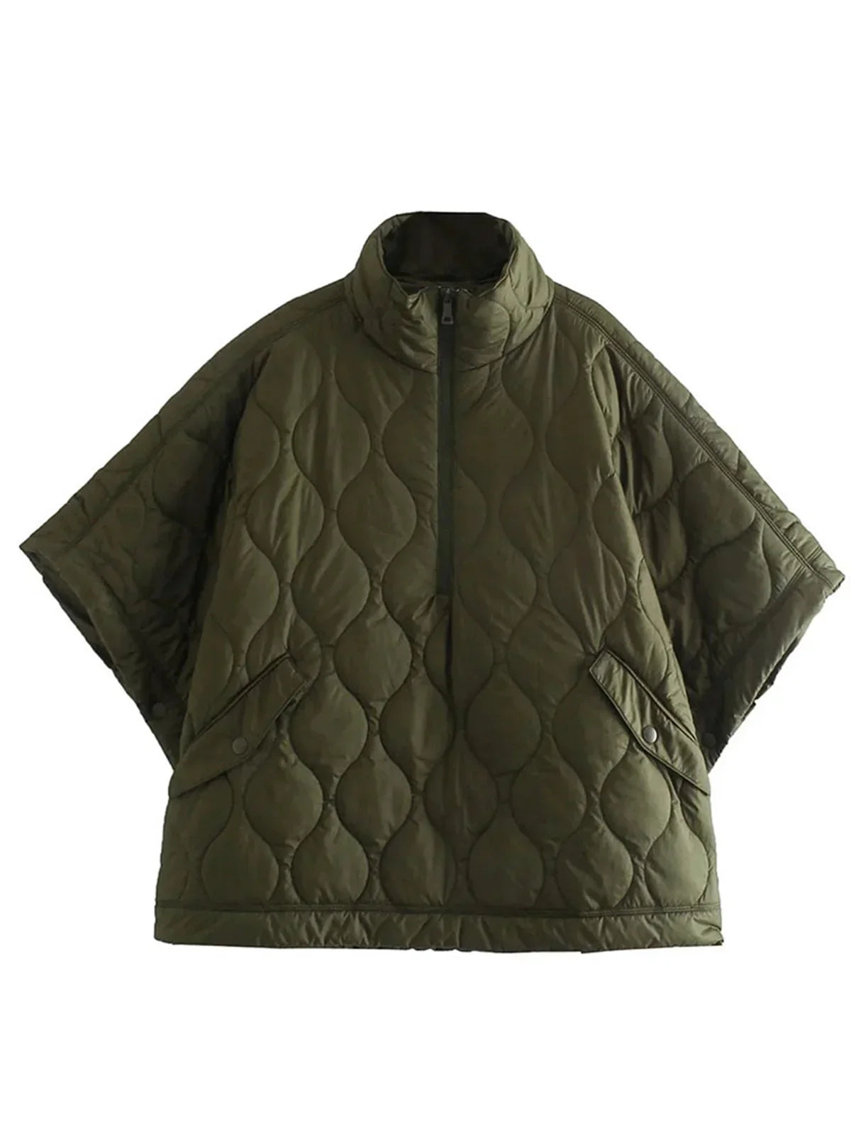 Aethera | Women's Army Green Quilted Parka Jacket with Zipper and Stand Collar – Short-Sleeve Winter Coat