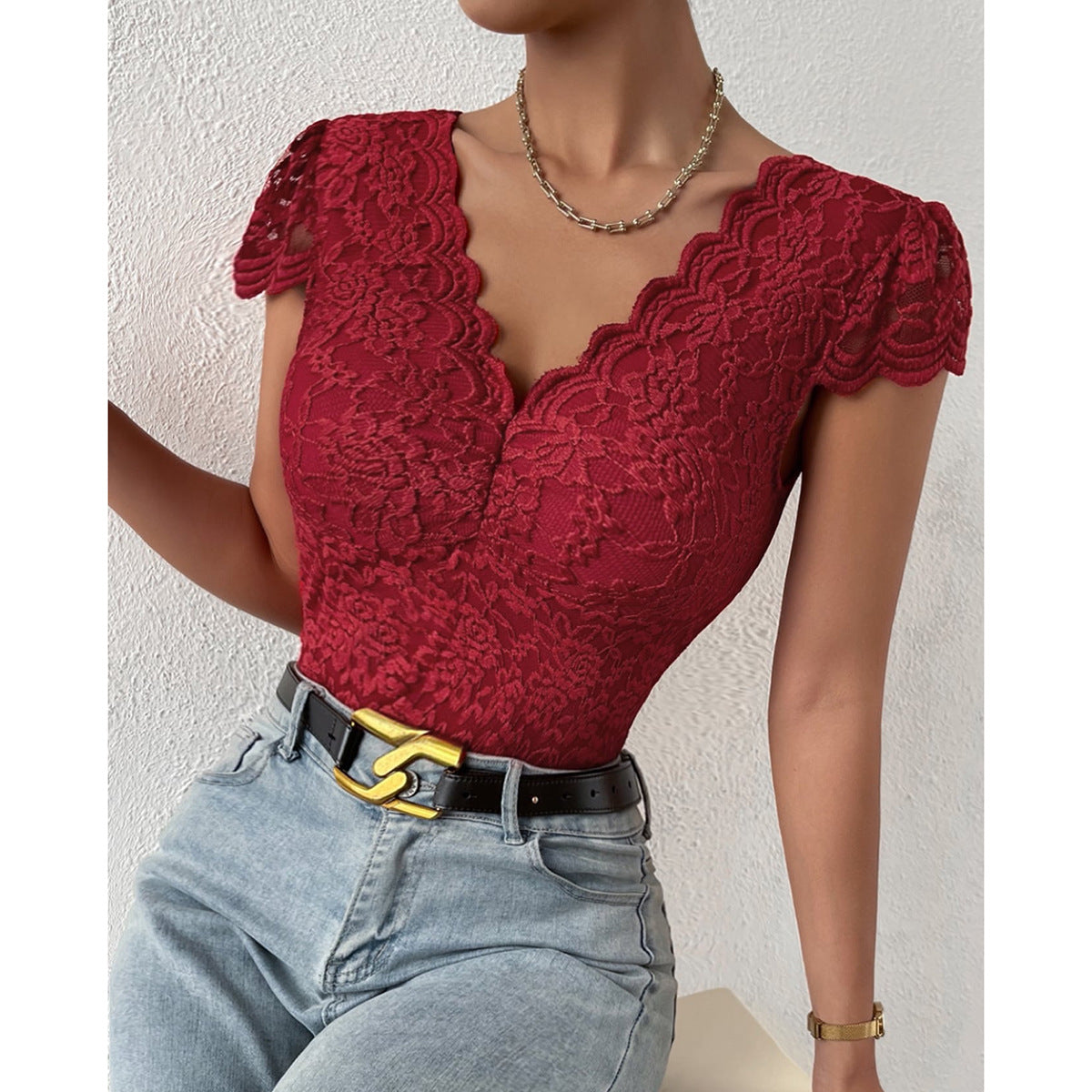 Vivid | Fitted Short-Sleeve Bodysuit with V-Neck and Lace for Women