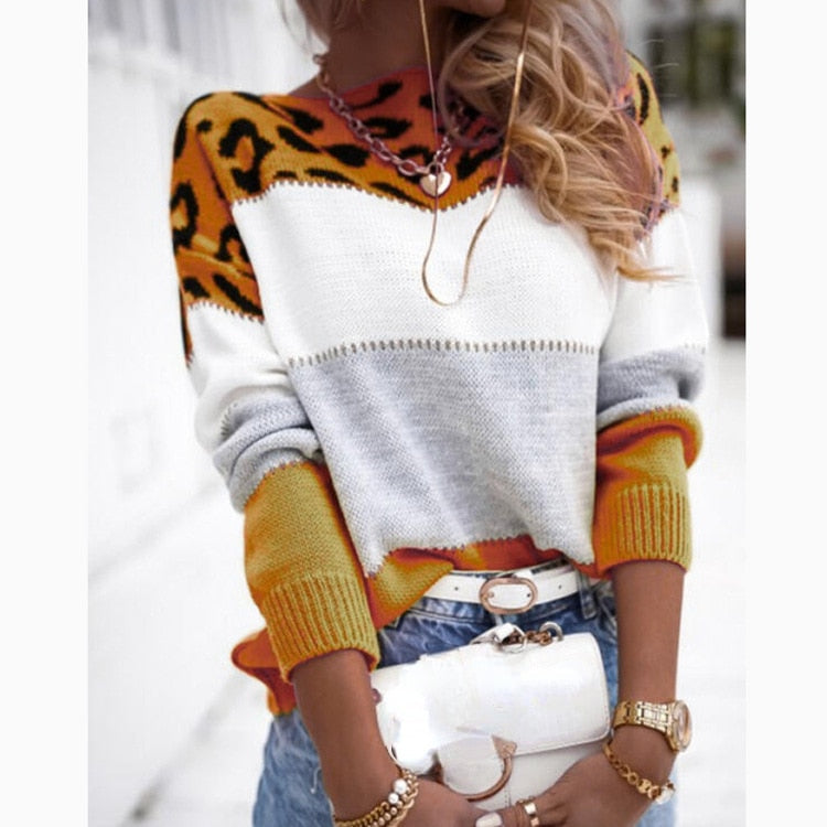 Leronika | Knitted Colorblock Pullover with Leopard Print