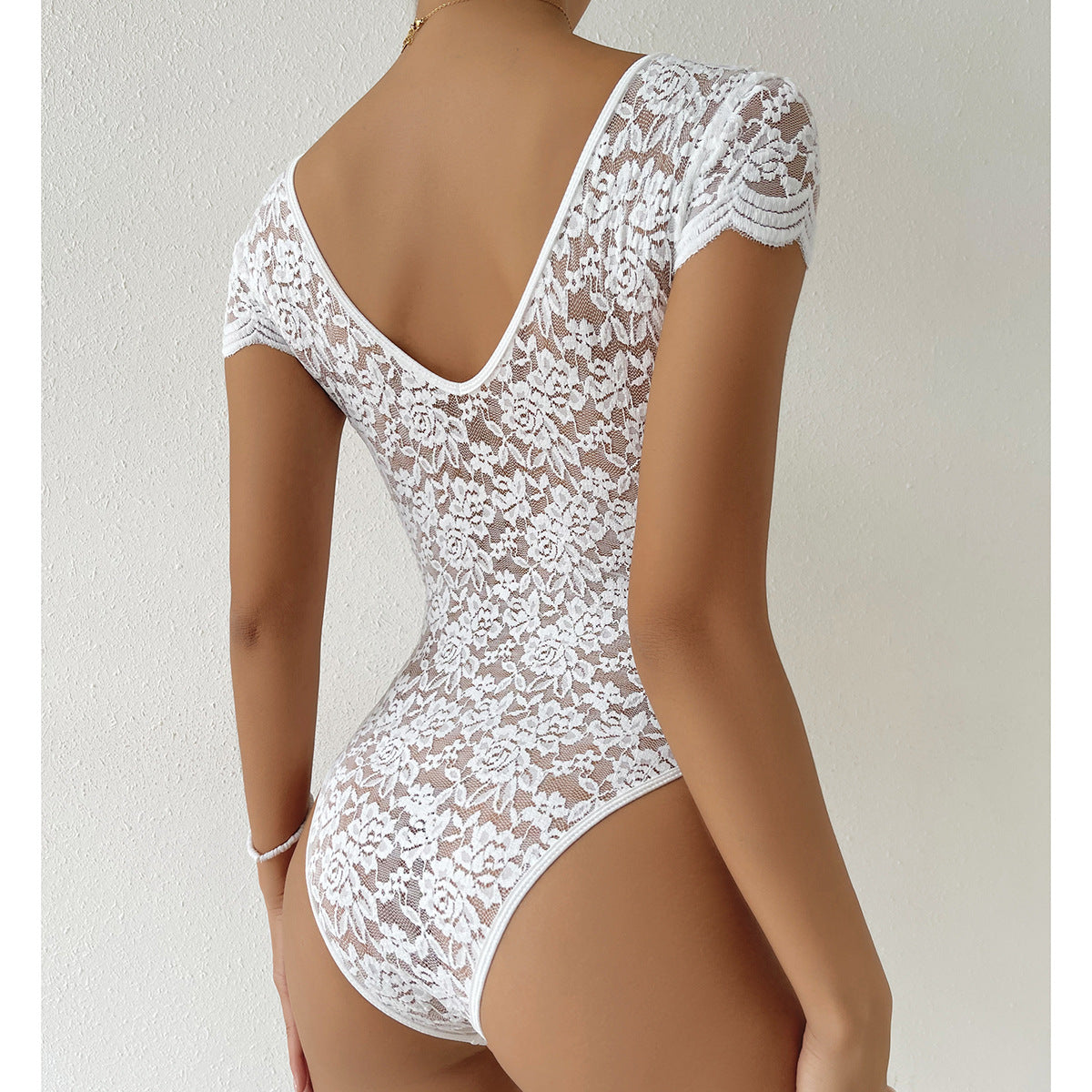 Vivid | Fitted Short-Sleeve Bodysuit with V-Neck and Lace for Women