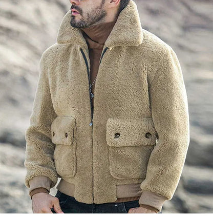 Knit & Style | Men's jacket in beige faux lambskin with zipper and large pockets