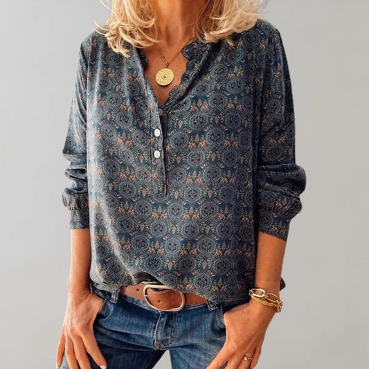 Vault -  Floral Print V-Neck Blouse for Women - Long Sleeve Paisley