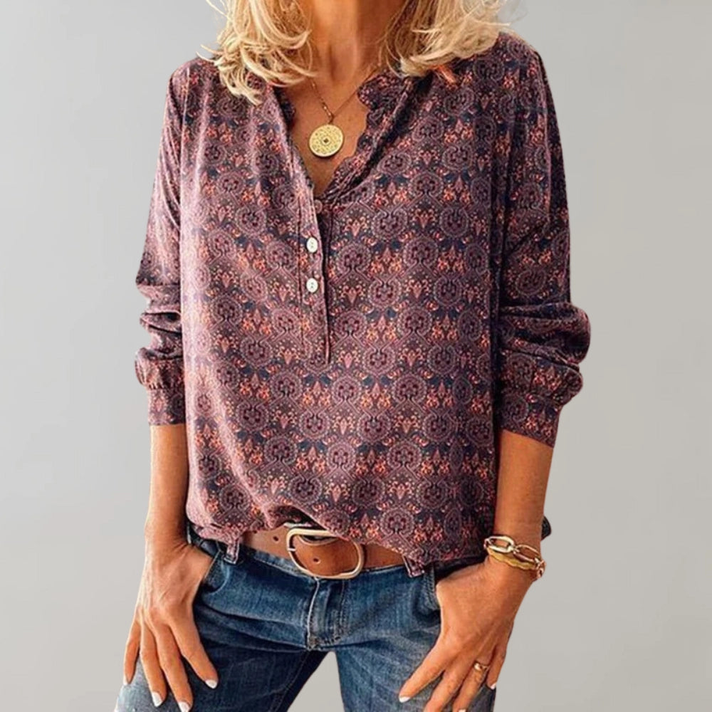 Vault -  Floral Print V-Neck Blouse for Women - Long Sleeve Paisley