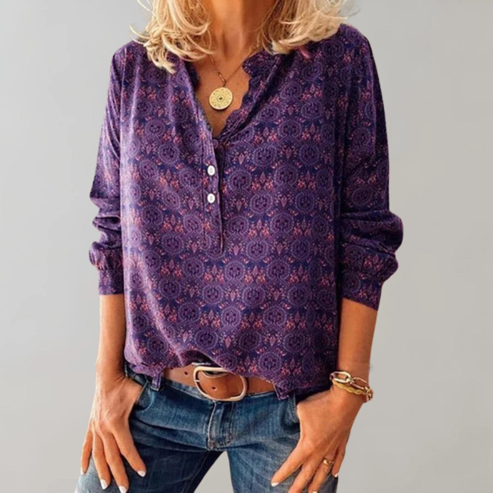 Vault -  Floral Print V-Neck Blouse for Women - Long Sleeve Paisley