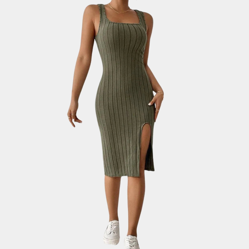 Canvas - Elegant Midi Dress with Square Neckline and Slit