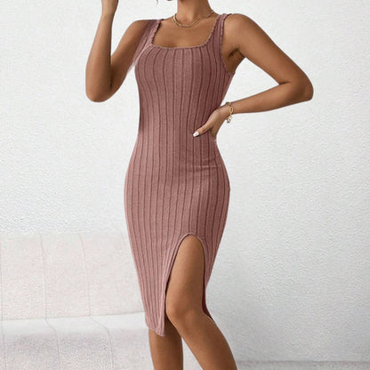 Canvas - Elegant Midi Dress with Square Neckline and Slit