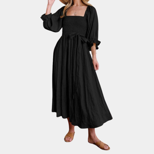 Breeze - Elegant Black Midi Dress with Puff Sleeves and Pockets