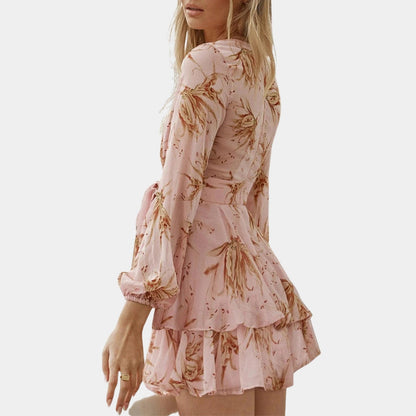 Voyage - Floral Wrap Dress in Pink with Ruffles and V-Neck - Mini Spring Edition